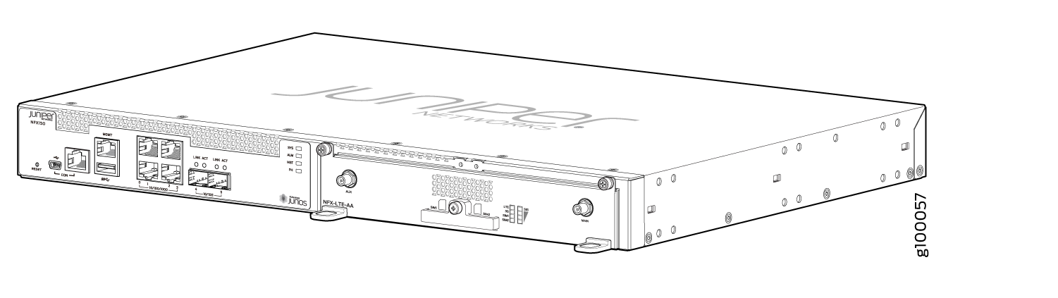 Juniper Networks NFX150 network appliance with reset button, console port, WAN and LAN ports, status LEDs, LTE antenna connectors, and USB port.