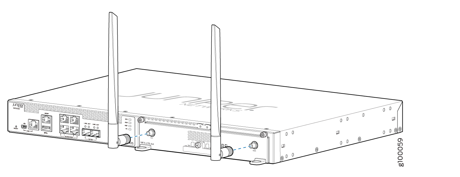 Juniper Networks NFX150 device with multiple ports, antennas for wireless, and indicators for network management.