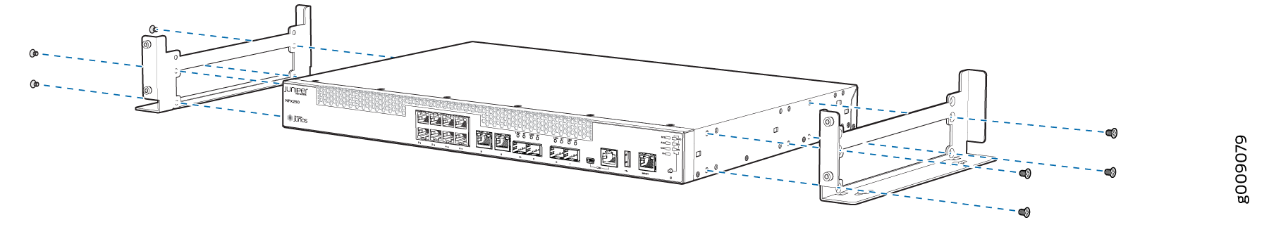 Rack-mounting setup for Juniper Networks NFX250, showing attachment of brackets with screws for installation in equipment rack.