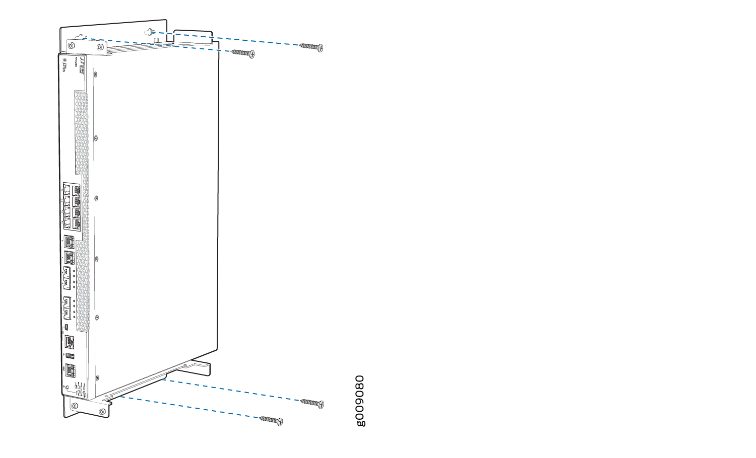 Mounting process diagram for an electronic device with dashed lines pointing to screw holes for attachment.