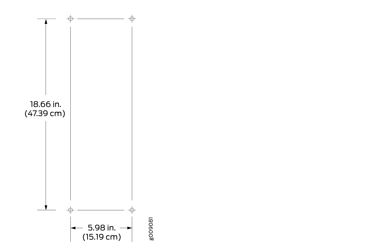 Technical drawing of a rectangular object with height 18.66 inches and width 5.98 inches, featuring crosshair alignment marks and identifier 180608.