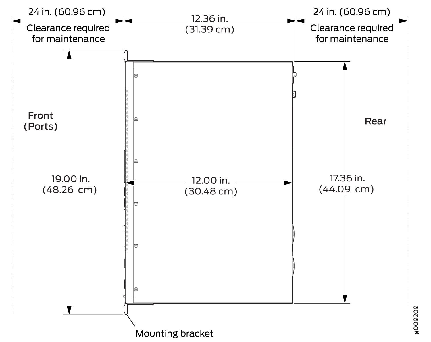 Clearance Requirements for Airflow and Hardware Maintenance for an NFX250 Device