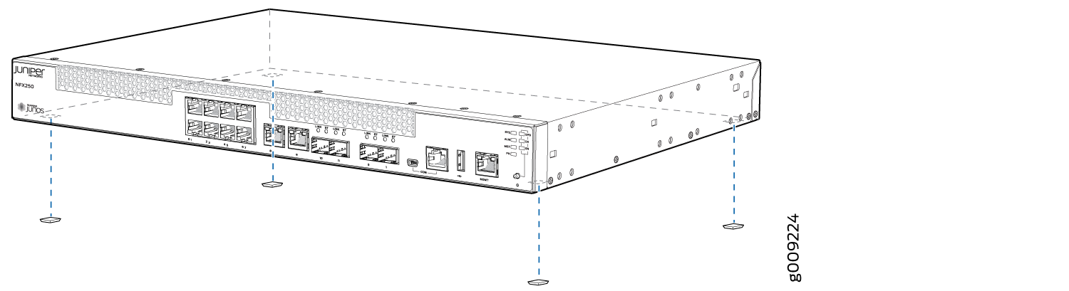 Juniper Networks NFX250 front panel with ports, connectors, and indicators; part of an installation guide showing mounting instructions.