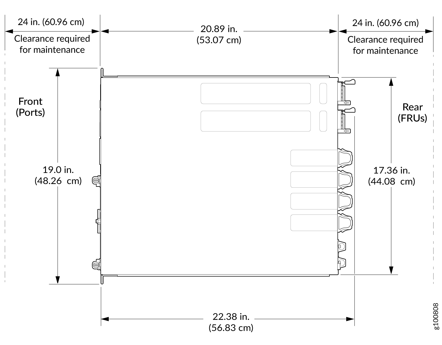 Technical diagram of rack-mounted server dimensions: Width 22.38 inches, Height 19.0 inches front, Depth 20.89 inches, Clearance 24 inches front and rear for maintenance.