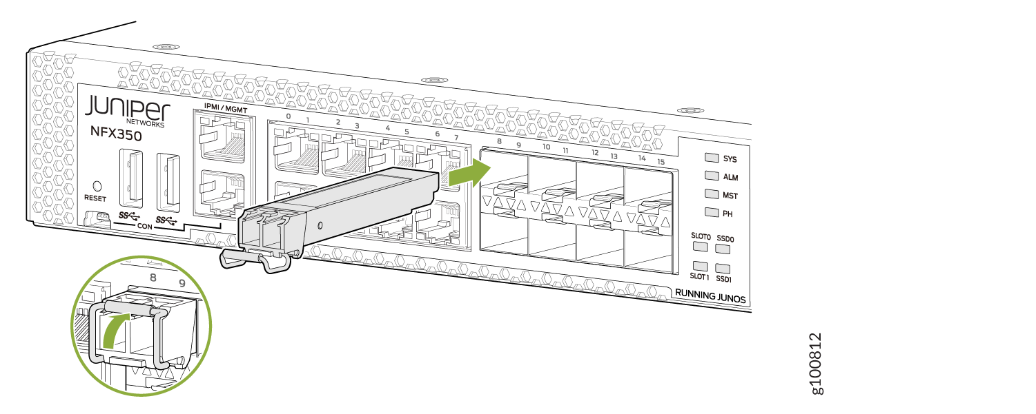 Juniper Networks NFX350 with SFP module insertion into port 8, showing ports, status LEDs, and SSD slots.