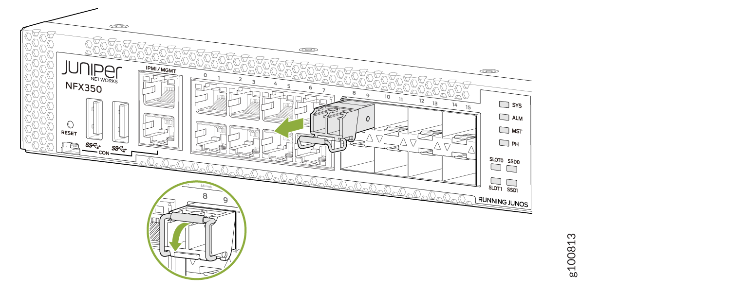 Juniper Networks NFX350 front panel with labeled ports and components including IPMI/MGMT and Ethernet ports, SFP/SFP slots, reset button, status LEDs, SSD slots. Highlighted SFP slot shows transceiver module insertion.