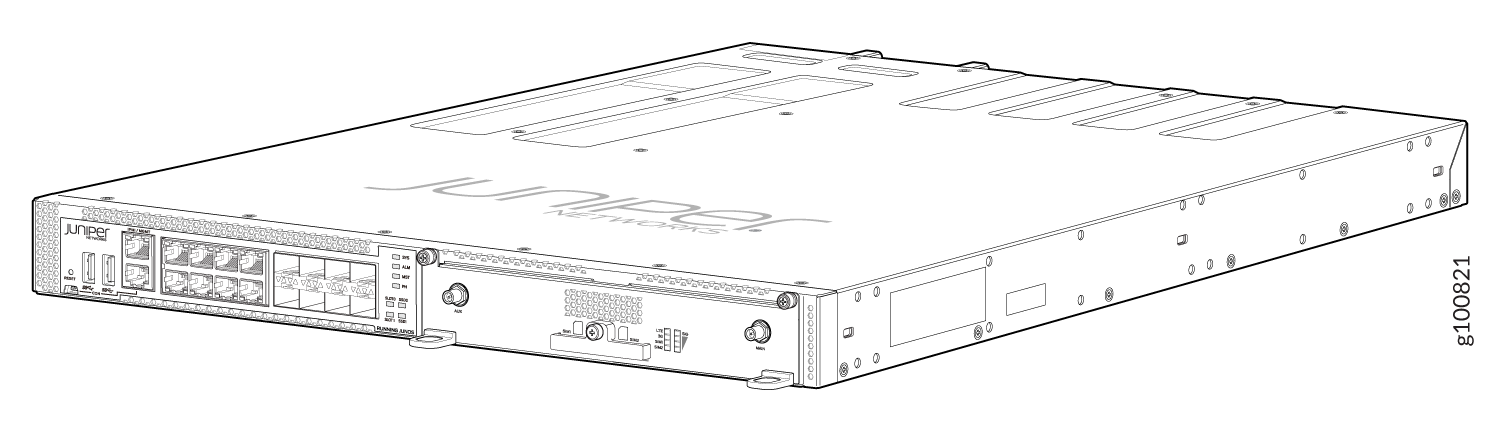 Juniper Networks device with Ethernet ports and management interfaces for data center networking.