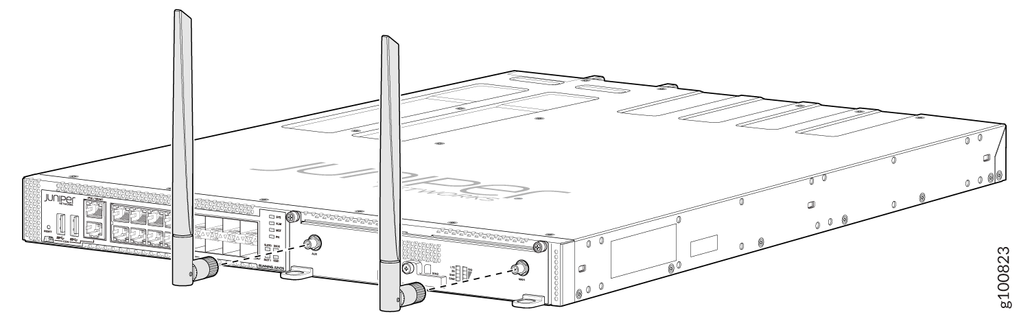 Juniper Networks SRX Series firewall with multiple Ethernet ports and antennas for enterprise networking and security.