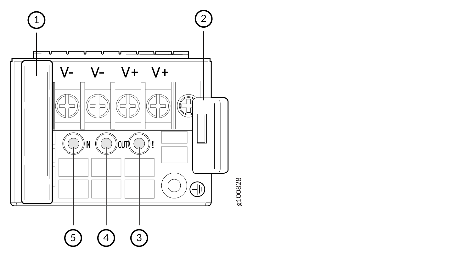 Diagram of a terminal block with labeled connections: a fuse or switch, protective shield, cautionary connection, input/output, voltage connections, and ground symbol.