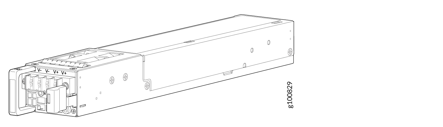 Technical drawing of a modular power supply unit with labeled terminals for voltage outputs, indicating hot-swappable design.