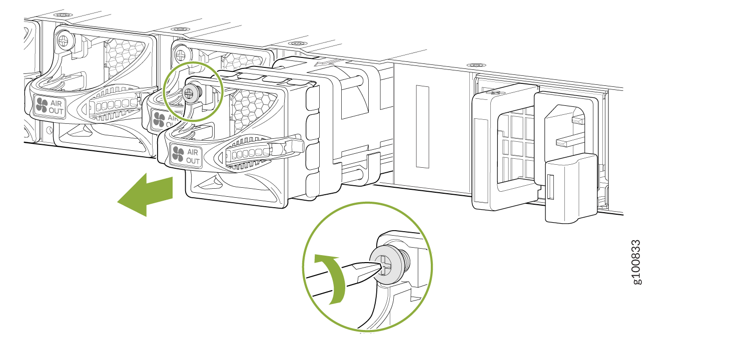Server cooling fan installation with labeled AIR OUT for airflow direction and green arrows indicating removal or securing steps; inset shows screwdriver use.