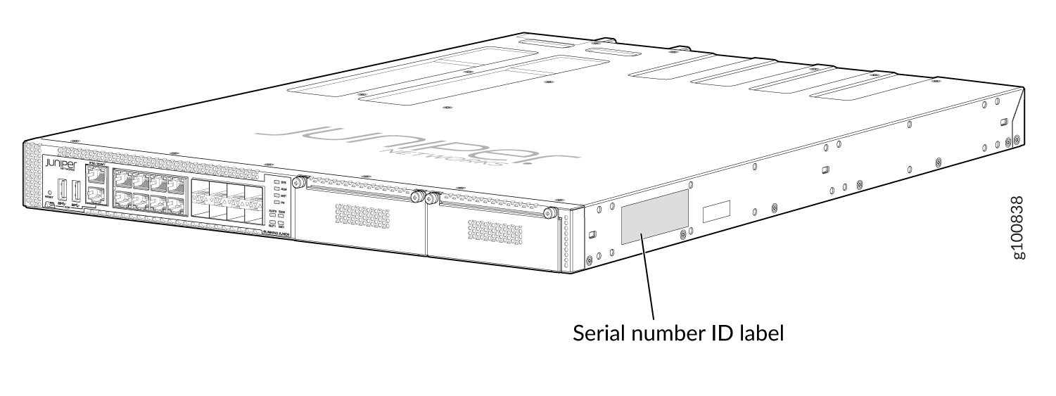 Diagram of Juniper Networks device front panel with ports and serial number ID label location.