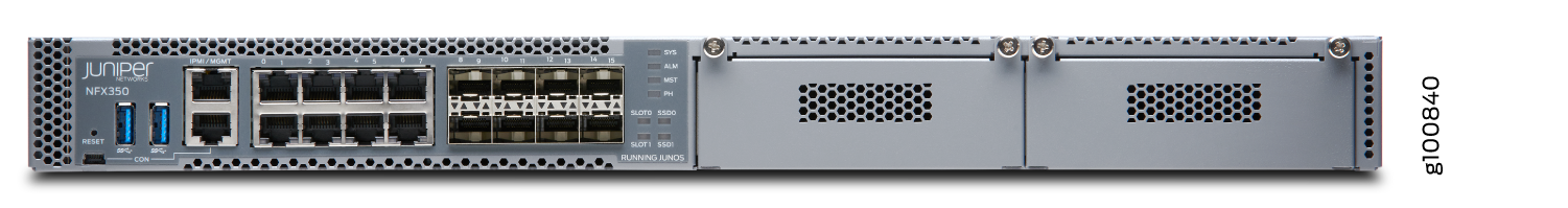 Juniper Networks NFX350 network device with Ethernet and USB ports for connectivity solutions.