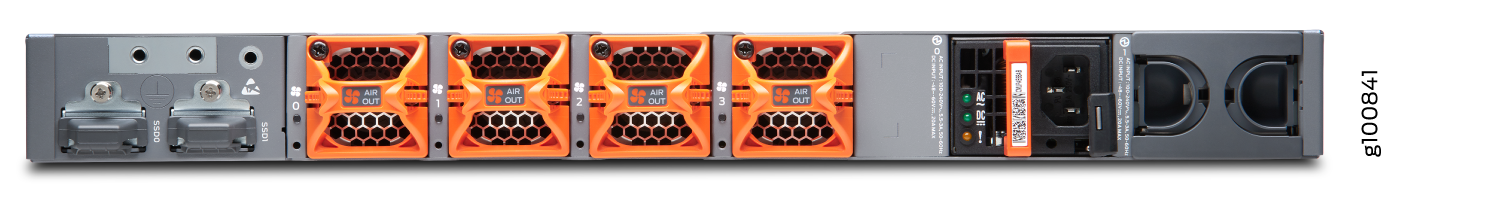 Rear view of a server showing hot-swappable cooling fans, power supply units with AC input ports, and drive bays.