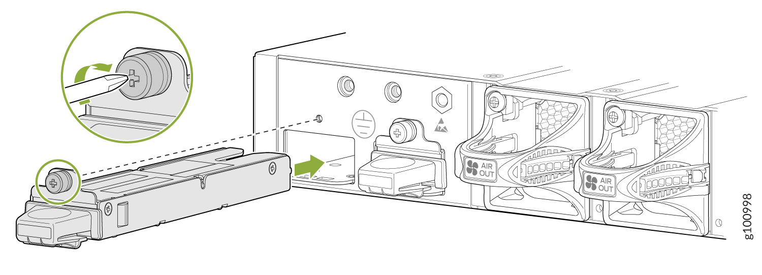 Hardware component instructions for installing or removing a power supply unit. Screwdriver adjusting latch mechanism. Green arrow shows module direction. AIR OUT label indicates airflow direction.