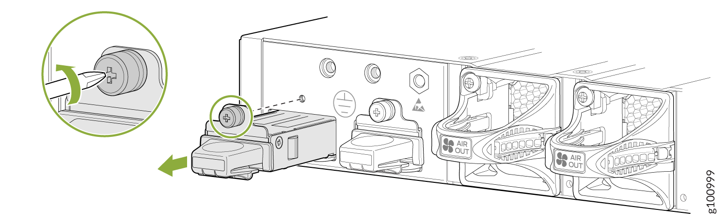 Removing or installing a hardware module from a server, showing airflow direction with AIR OUT label and latch mechanism for securing.