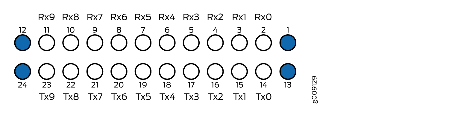 Connector pinout diagram with two rows of labeled circular pins. Top row Rx0 to Rx9 for receive, bottom row Tx0 to Tx9 for transmit. Pins 12, 24, 1, and 13 highlighted in blue. Number 8009129 on the right.