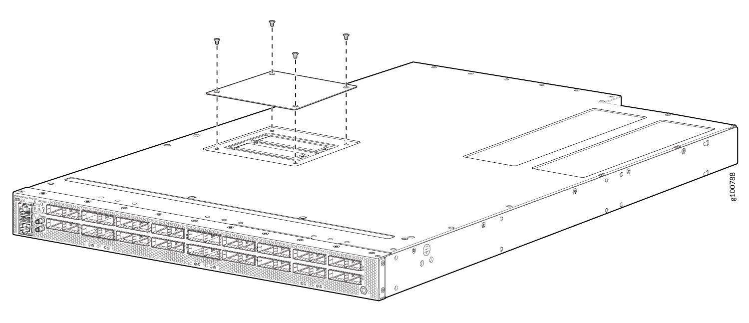 Technical illustration of a network switch with top panel being removed or installed, showing multiple front ports and screws.