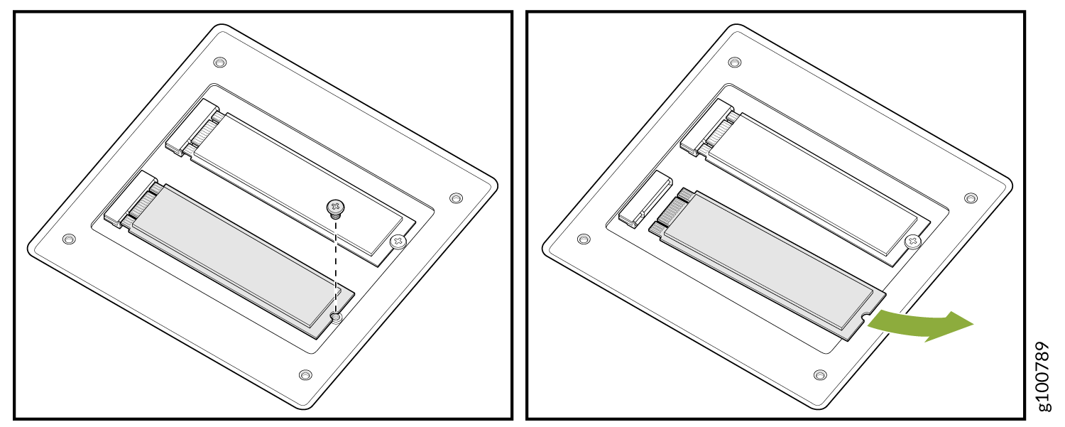 Diagram showing the removal of a component from a device. Left: unscrew to release. Right: slide out component.