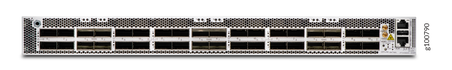 Juniper PTX1000 router with QSFP ports for 40G/100G data connections, Ethernet and console management ports, and status indicators.