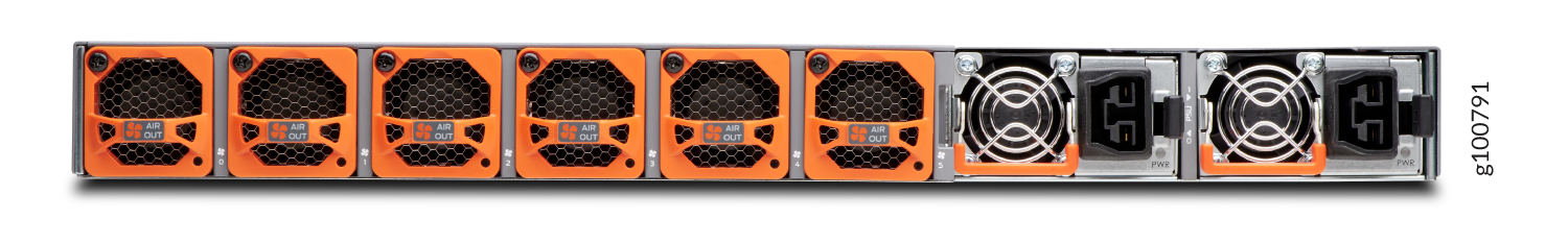 Rear view of network switch showing orange fan modules labeled AIR OUT for airflow direction and power supply units with metal grilles.