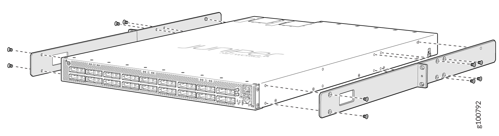 Juniper Networks device with rack-mounting brackets being attached for installation in a 19-inch equipment rack.
