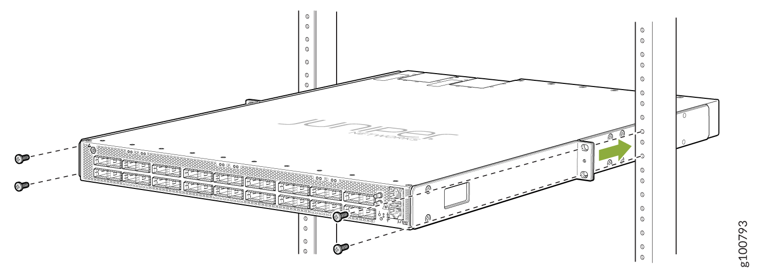 Juniper Networks device being installed into equipment rack with green arrow showing bracket alignment.