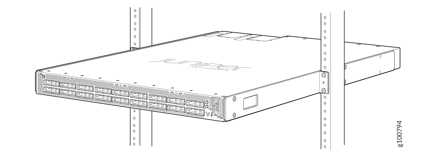 Juniper Networks rack-mounted switch with multiple network ports in a server rack.