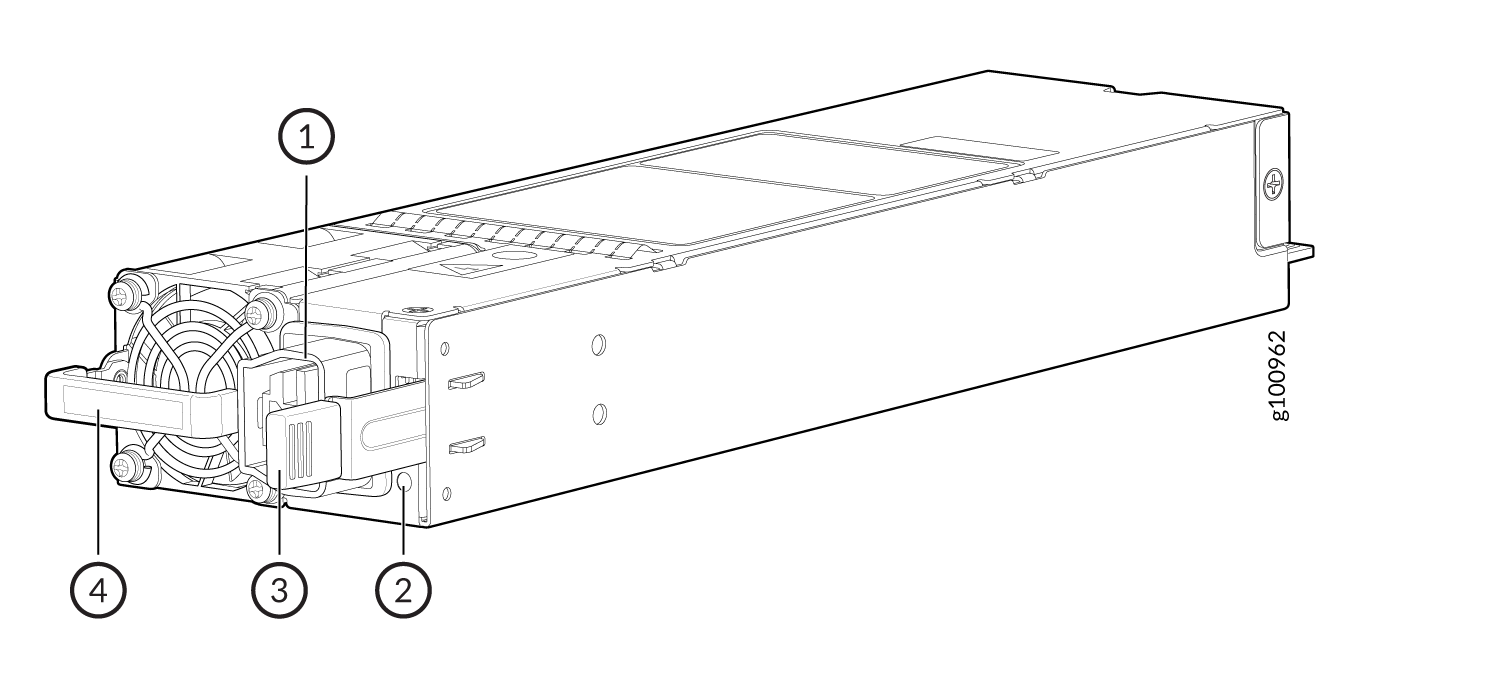Technical drawing of a server power supply unit with labeled components: top cover, mounting holes, handle, and cooling fan.