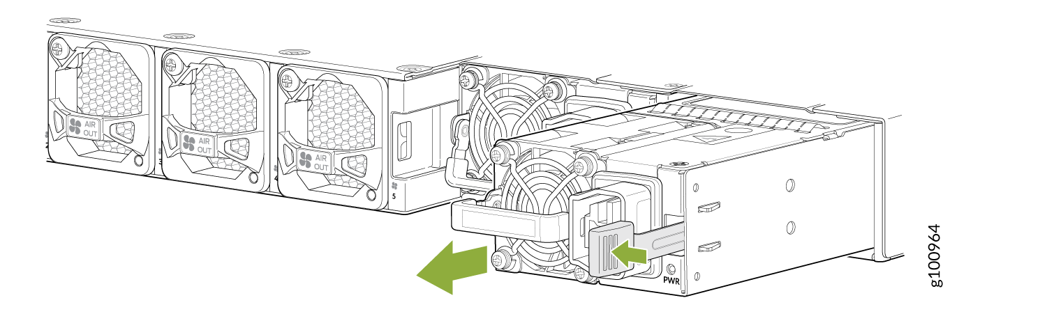 Power supply unit with cooling fans showing removal process and airflow direction labeled as AIR OUT.