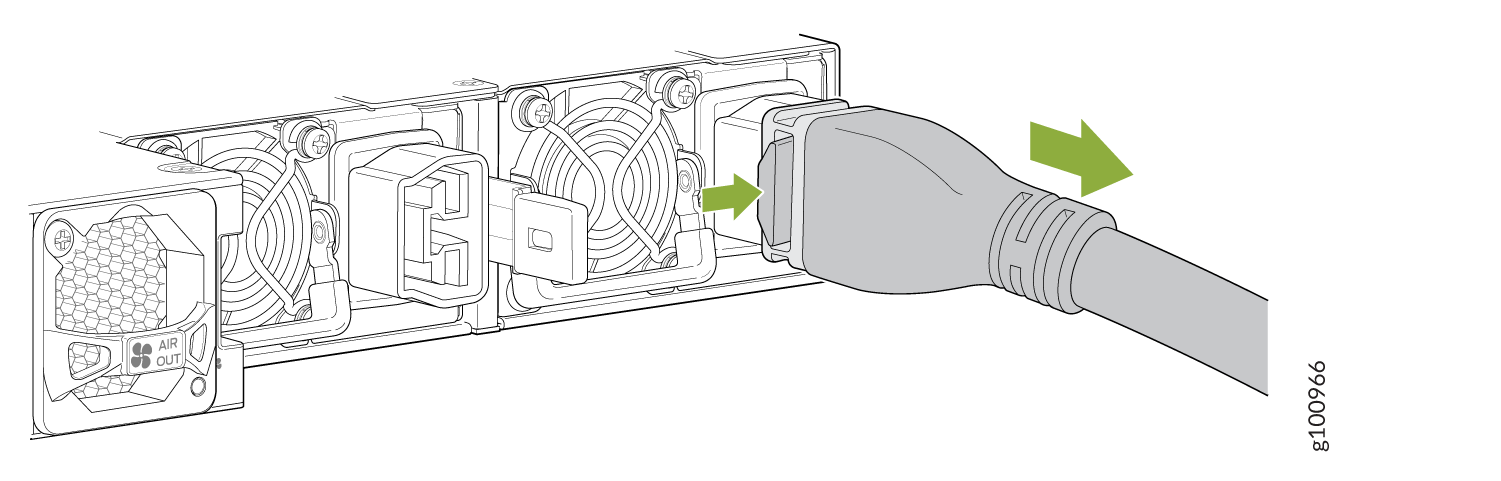 Power supply unit with cooling fans and power cable connection indicated by green arrows. Label AIR OUT shows airflow direction.
