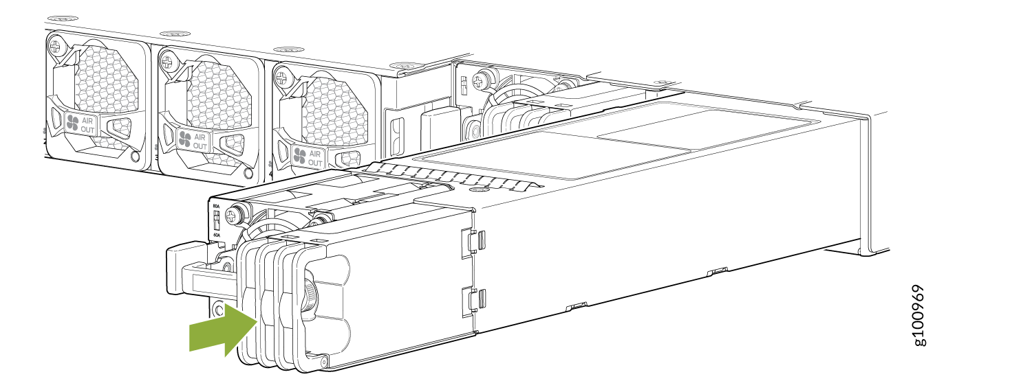 Power supply unit being installed or removed with green arrow indicating movement direction; part of server cooling system.