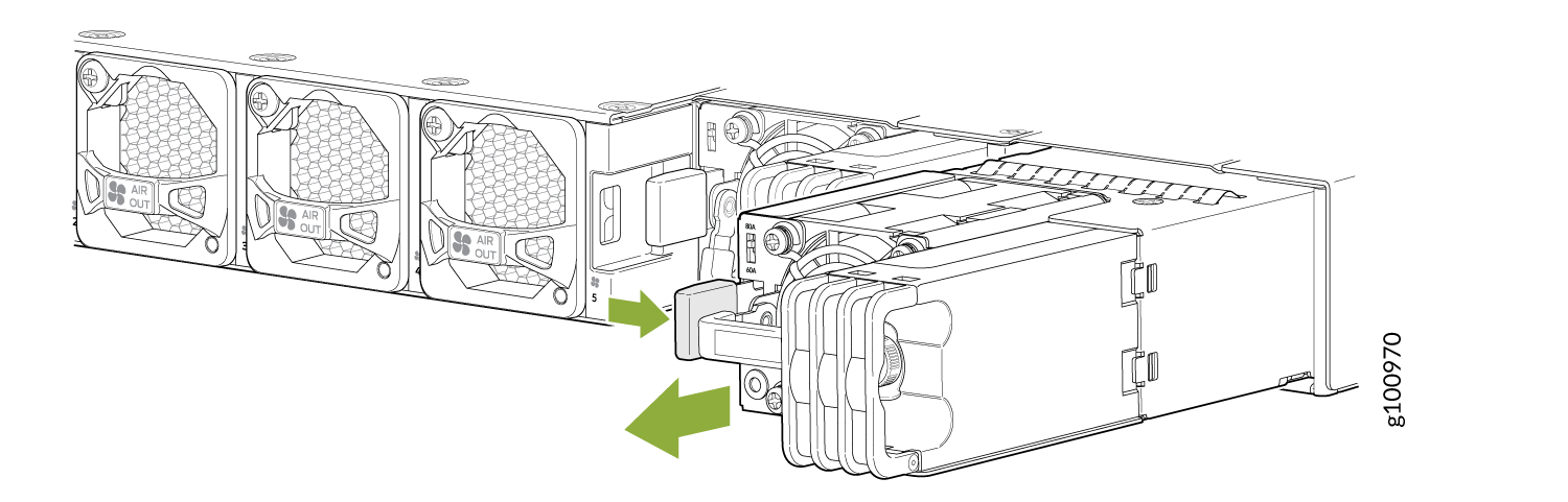 Technical illustration of server equipment showing PSU removal or installation with green arrows indicating direction and fans on the left for cooling.
