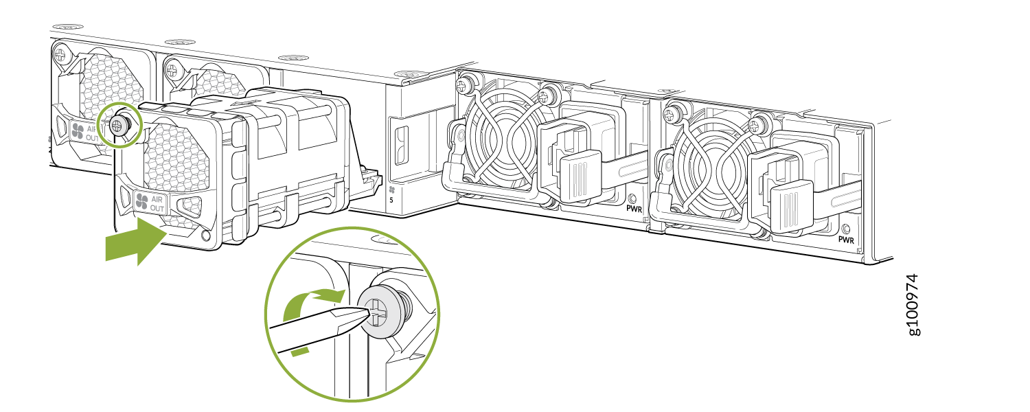 Fan module installation or removal in server chassis, showing a honeycomb grille labeled AIR OUT and a screw mechanism being turned with a tool.
