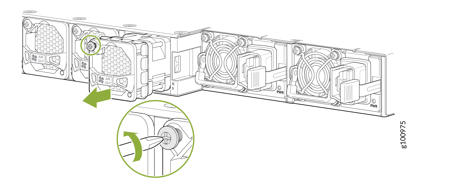 Rear view of server cooling system showing fan module removal process with inset of tool unlocking fan. Labels indicate airflow direction and power connections.