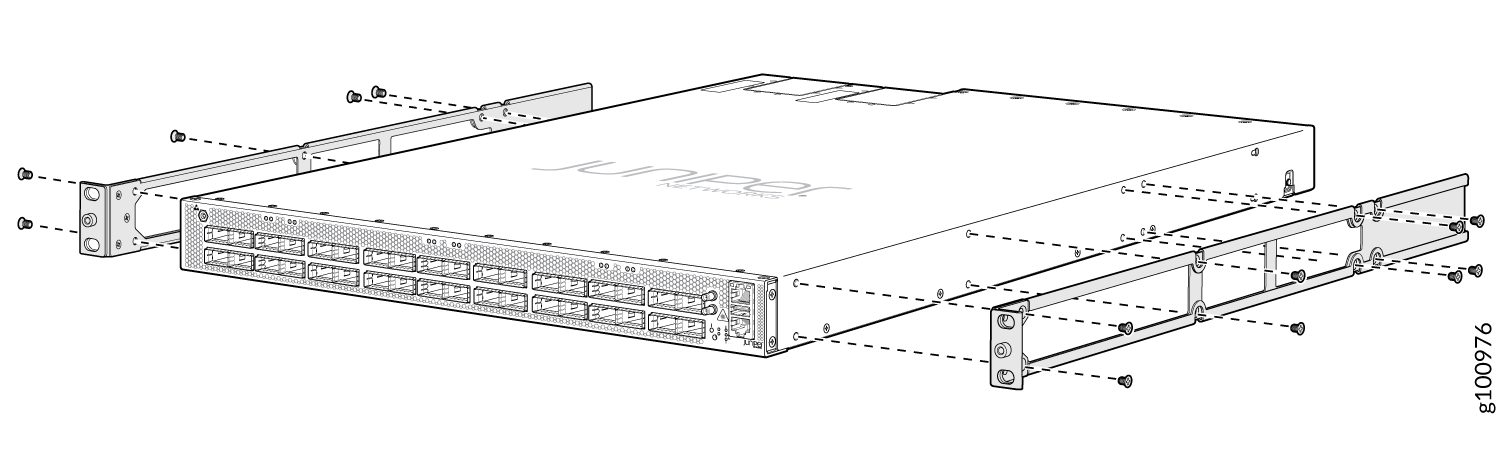 Juniper Networks switch or router with mounting brackets and screws for server rack installation; front panel shows multiple network ports.