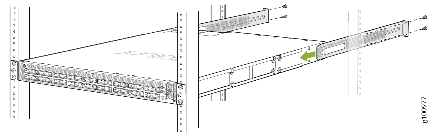 Juniper Networks switch being installed into server rack with front panel facing outward, secured with brackets and screws.