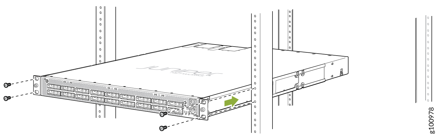 Juniper Networks rack-mounted device installation diagram showing ports, screws for securing, and an arrow for installation direction.