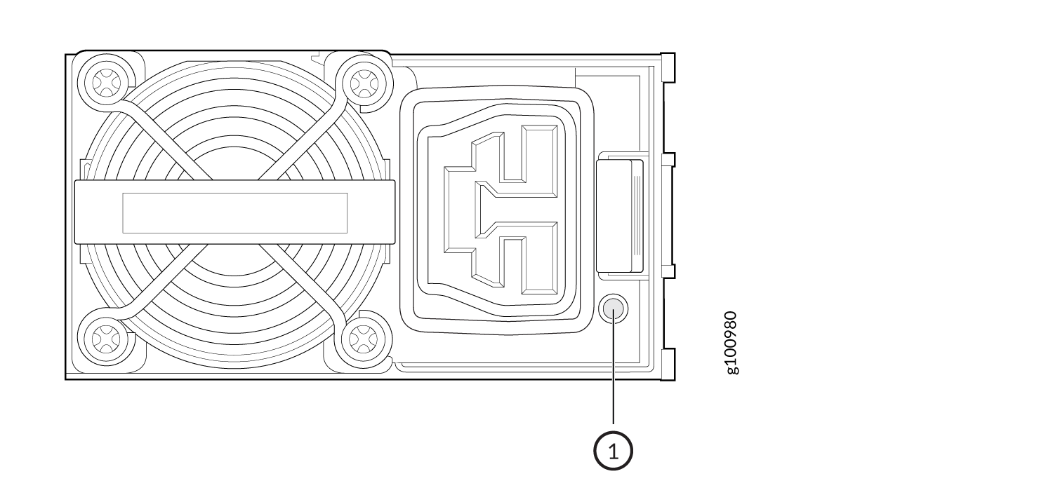 Technical drawing of a device with a fan and grille on the left, mounting screws, and a connector on the right. Part labeled 1.