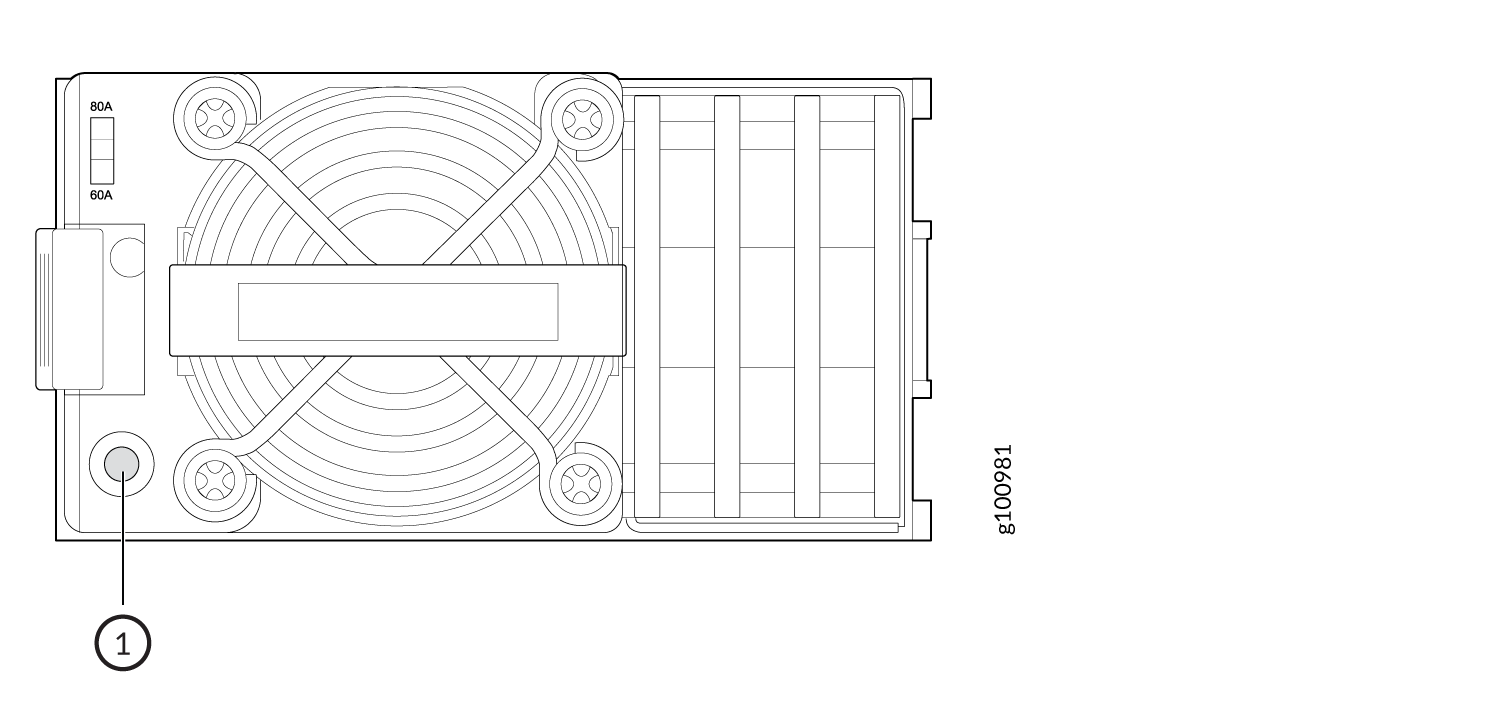 Technical diagram of a power supply unit with a cooling fan, a handle, and indicators for 80A and 60A current ratings.