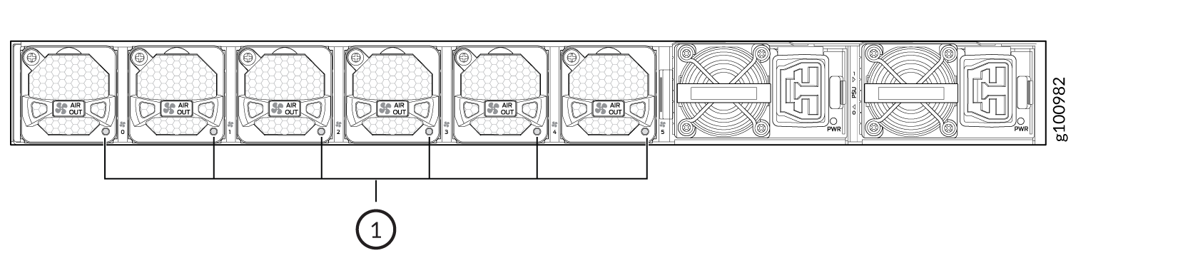Technical diagram of server rear panel showing cooling fans labeled AIR OUT on the left and power supply units with connectors on the right.