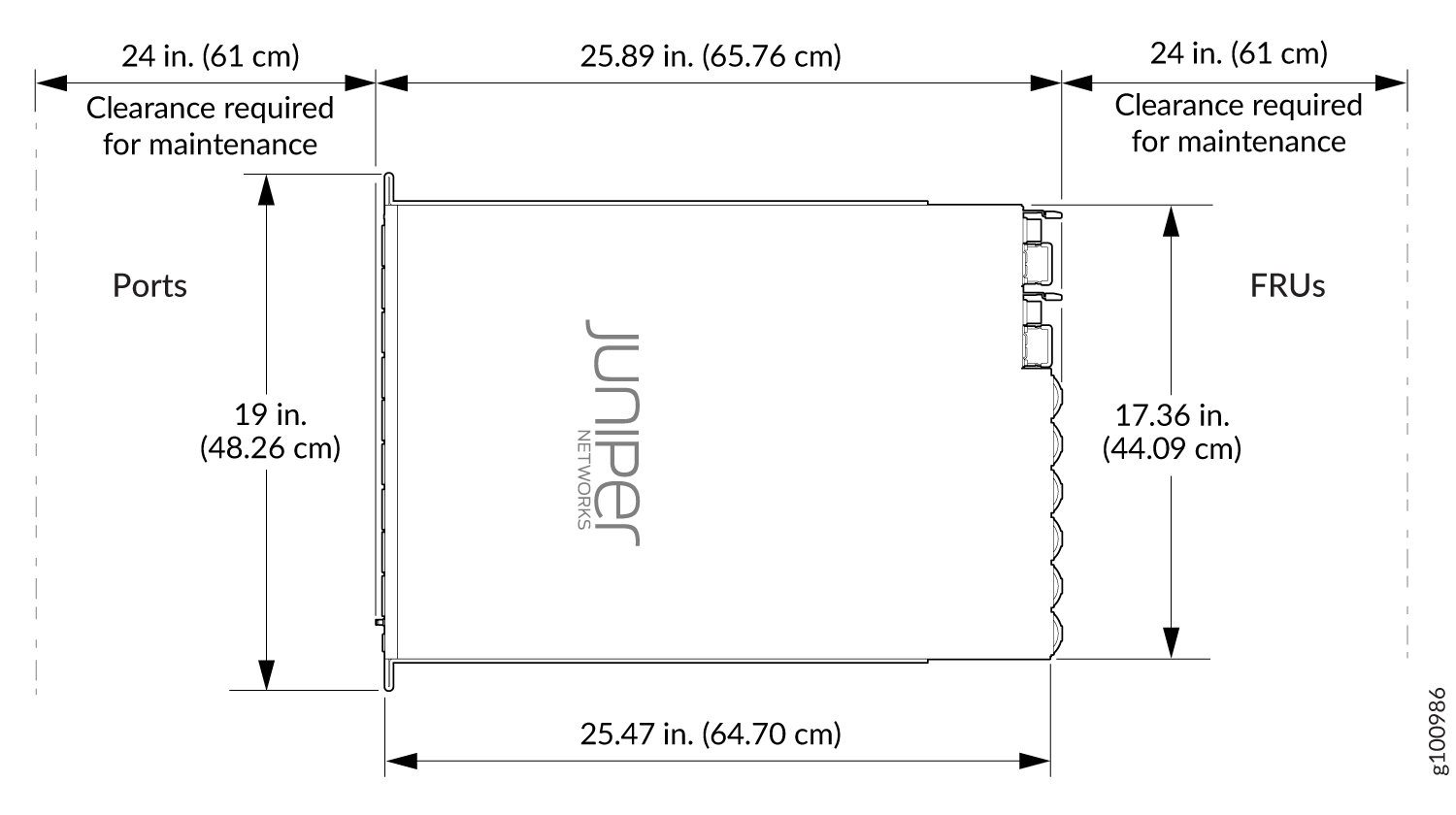 Technical diagram of a Juniper Networks device showing dimensions: 25.89 inches wide, 25.47 inches deep, with 24 inches clearance on sides.