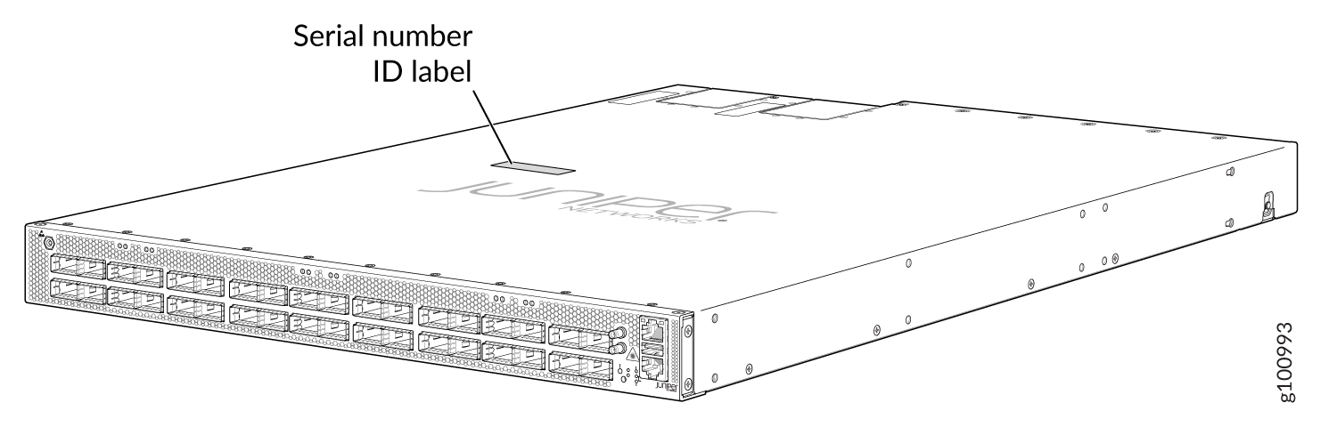 Juniper Networks device with multiple front panel ports for network connections and serial number label for data centers.