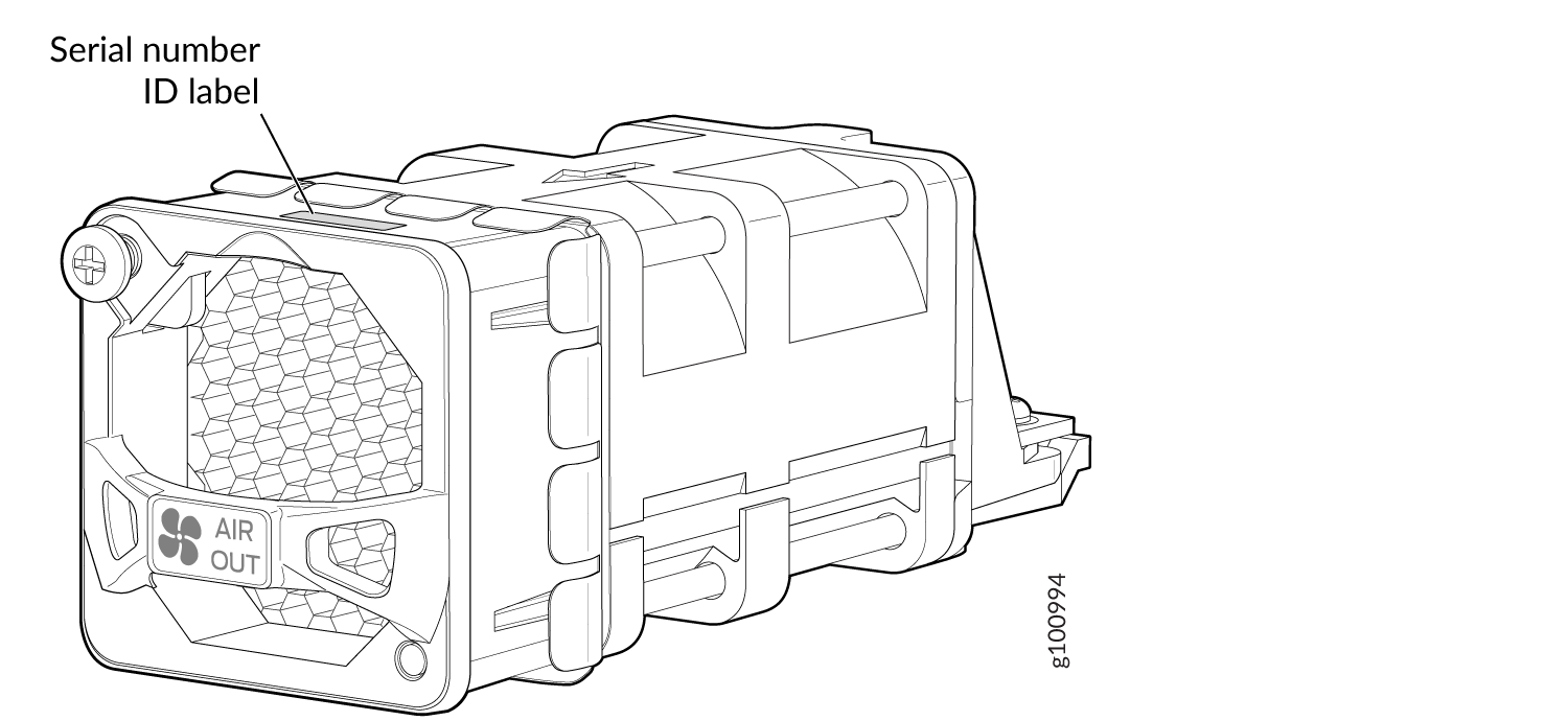 Serial number ID label and Air Out vent with fan icon on honeycomb pattern, indicating modular air circulation component.
