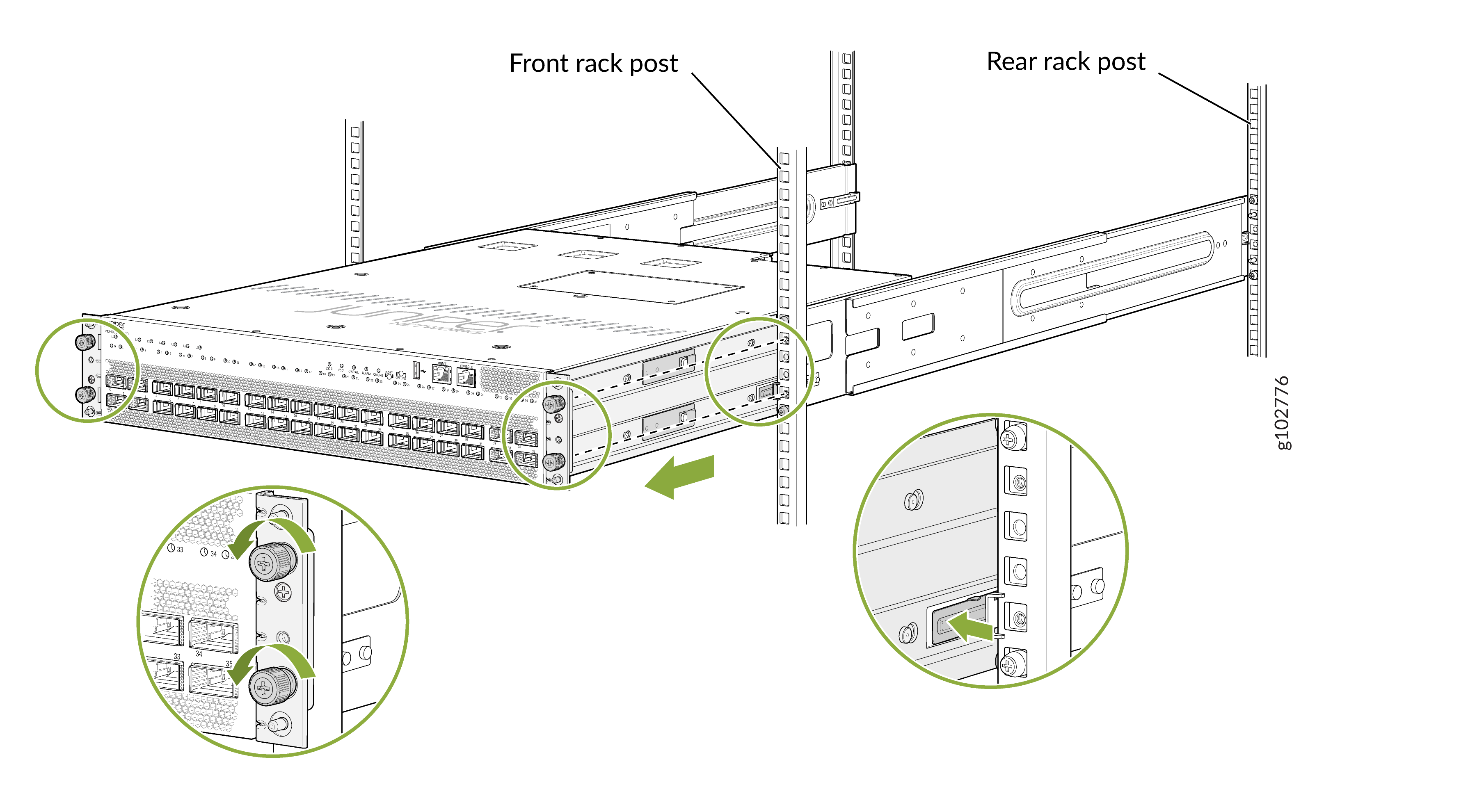 Illustration of installing a server into a rack showing front and rear posts with close-ups of mounting screws and brackets.
