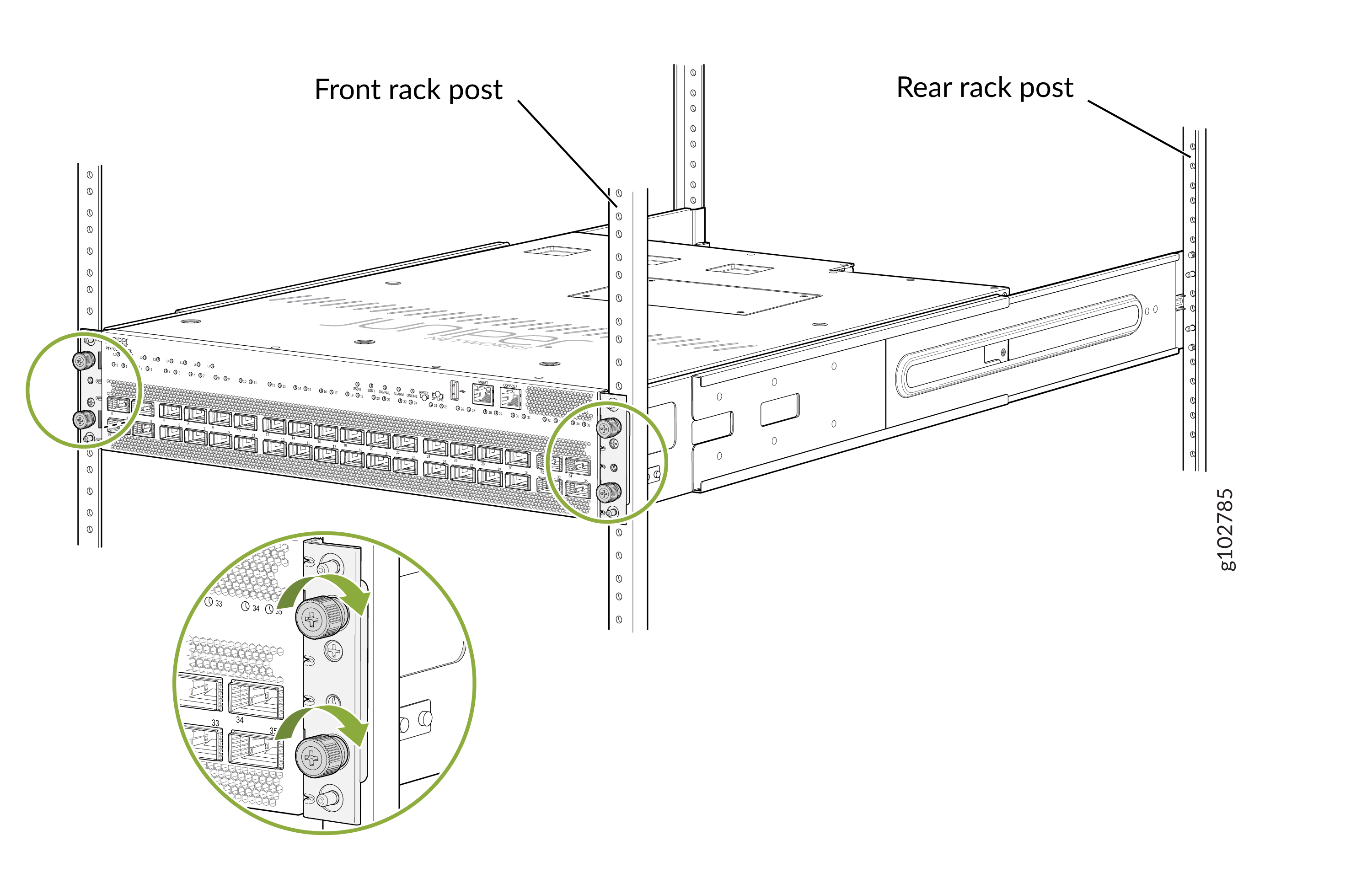 Rack-mounted network switch or server with visible front and rear rack posts, and enlarged detail of mounting screws securing the device.