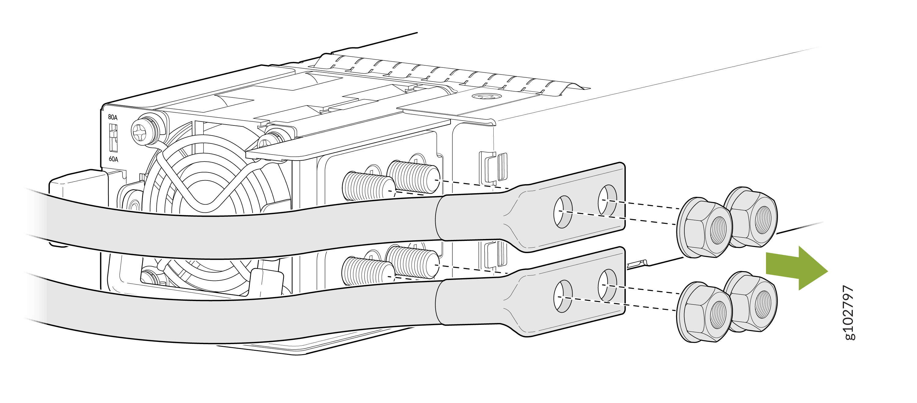 Cables with lug terminals attach to device's threaded studs using nuts; green arrow shows assembly direction.