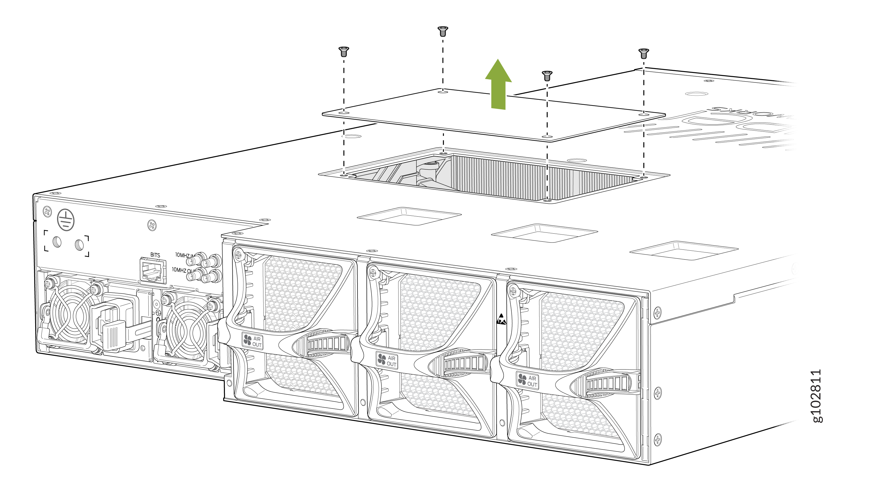 Technical illustration of a server chassis with top cover removal, showing screws being unscrewed. Rear side displays cooling fans, ports, connectors, and AIR OUT sections for airflow management.