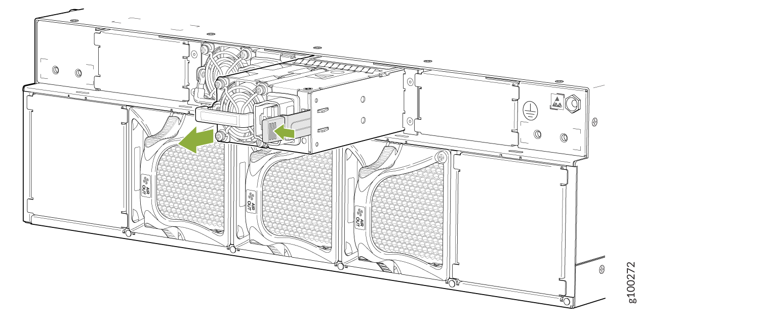 Technical illustration of server rear showing cooling fans, power supply units, and internal wiring with green arrows indicating module removal or insertion.