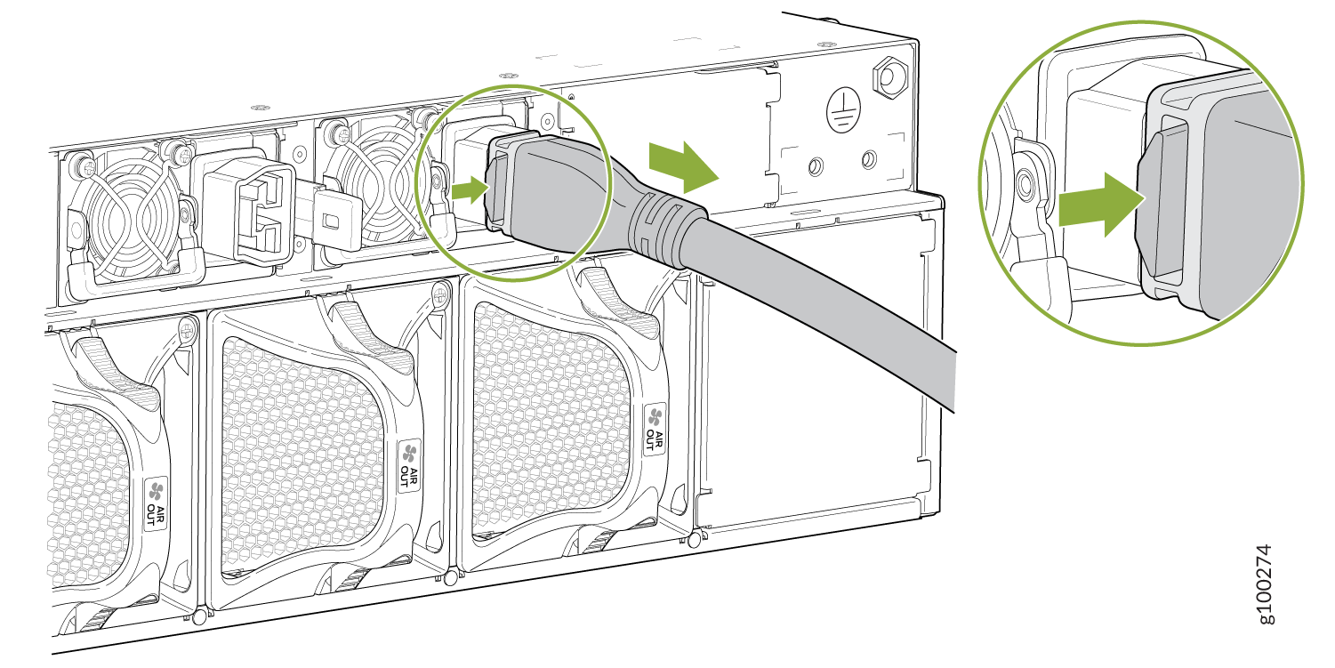 Rear view of a server showing a power cable connected to the power input port with green arrows indicating connection direction. Cooling fans labeled AIR OUT are part of the cooling system.